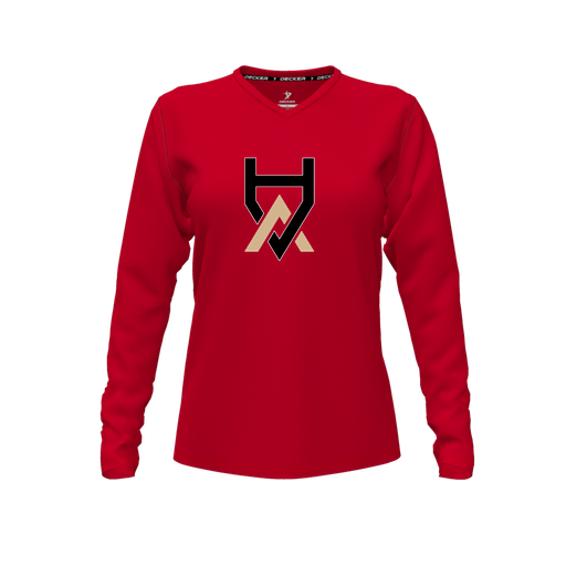 [CUS-DFW-TEES-PER-VNK-LSL-RED-FYXS-LOGO1] Performance T-Shirt (Female Youth XS, Red, V Neck, Logo 1, Long Sleeve)