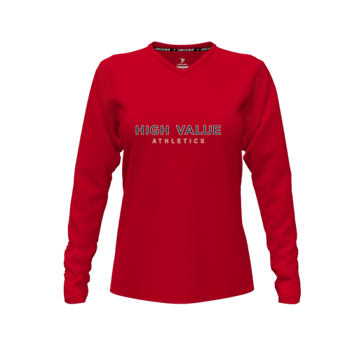 [FTLVPTRD-FYXS-LOGO2] Decker Performance T-Shirt (Female Youth XS, Red, V Neck, Logo 2, Long Sleeve)