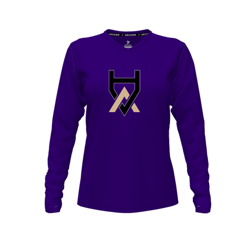 [CUS-DFW-TEES-PER-VNK-LSL-PUR-FYXS-LOGO1] Performance T-Shirt (Female Youth XS, Purple, V Neck, Logo 1, Long Sleeve)